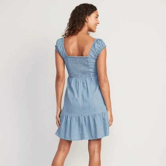 Old Navy Fit & Flare Puff-Sleeve Smocked Jean Mini Dress for Women New - Picture 2 of 5